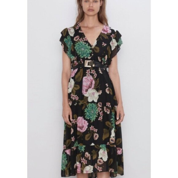 ZARA LOOSE-FITTING V-NECK RUFFLED FLORAL PRINT DRESS Size XS-S - Picture 1 of 10